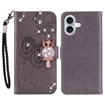 iPhone 17 Custodia portafoglio con strass gufo - Grigia