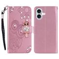 iPhone 17 Custodia portafoglio con strass gufo - Oro rosa