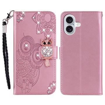 iPhone 17 Custodia portafoglio con strass gufo - Oro rosa
