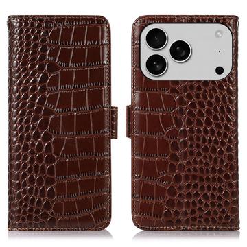 Custodia in Pelle a Portafoglio Serie Crocodile con RFID per iPhone 17 Pro - Marrone
