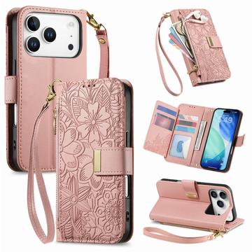iPhone 17 Pro Custodia a portafoglio con motivo floreale e foglie, tasca con cerniera e cinturino da polso - Rosa