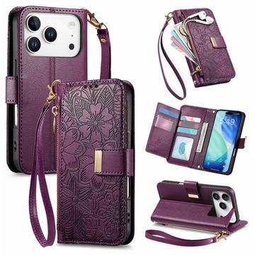 iPhone 17 Pro Custodia a portafoglio con motivo floreale e foglie, tasca con cerniera e cinturino da polso - Viola