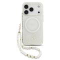 Custodia con cinturino perlato iPhone 17 Pro Guess IML Flowers Allover Electro - Compatibile con MagSafe - Bianco
