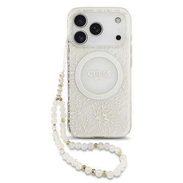 Custodia con cinturino perlato iPhone 17 Pro Guess IML Flowers Allover Electro - Compatibile con MagSafe - Bianco