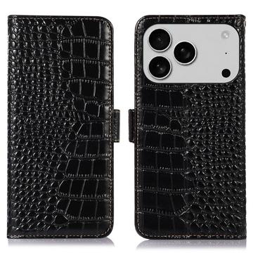 Custodia in Pelle a Portafoglio Serie Crocodile con RFID per iPhone 17 Pro Max - Nera