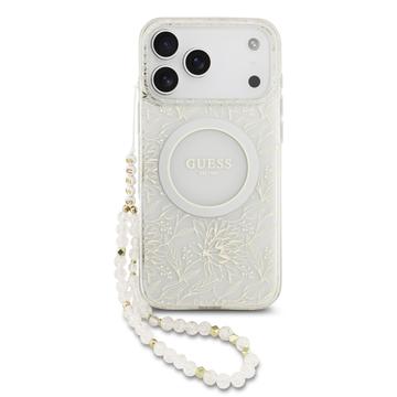 Custodia con cinturino perlato iPhone 17 Pro Max Guess IML Flowers Allover Electro - Compatibile con MagSafe - Bianco