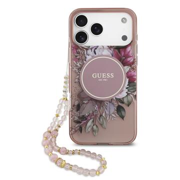 Custodia con cinturino perlato iPhone 17 Pro Max Guess IML Flowers - Rosa