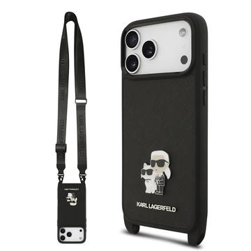 Custoida iPhone 17 Pro Max Karl Lagerfeld Saffiano Crossbody Metal Karl & Choupette - Nera