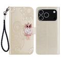 iPhone 17 Pro Max Custodia portafoglio con strass gufo - Oro