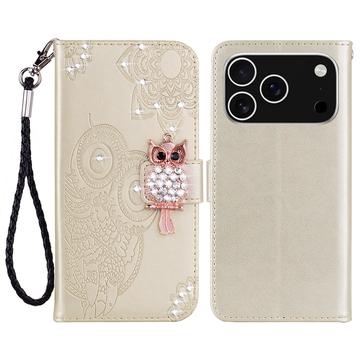 iPhone 17 Pro Max Custodia portafoglio con strass gufo - Oro