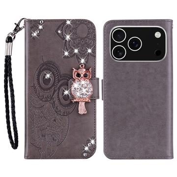 iPhone 17 Pro Custodia portafoglio con strass gufo - Grigia