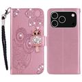 iPhone 17 Pro Custodia portafoglio con strass gufo - Oro rosa