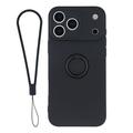 Custodia in silicone liquido per iPhone 18 Pro Max con anello di fissaggio e cinturino da polso - Nera