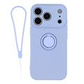 Custodia in silicone liquido per iPhone 18 Pro Max con anello di fissaggio e cinturino da polso - Viola chiaro