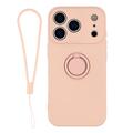Custodia in silicone liquido per iPhone 18 Pro Max con anello di fissaggio e cinturino da polso - Rosa