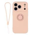 Custodia in silicone liquido per iPhone 18 Pro Max con anello di fissaggio e cinturino da polso - Rosa