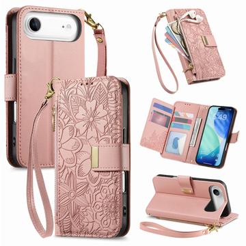 iPhone Air Custodia a portafoglio con motivo floreale e foglie, tasca con cerniera e cinturino da polso - Rosa