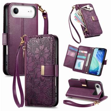 iPhone Air Custodia a portafoglio con motivo floreale e foglie, tasca con cerniera e cinturino da polso - Viola