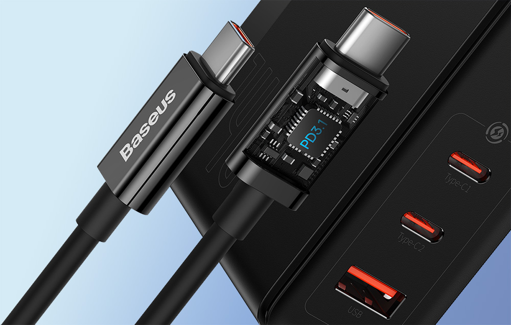 Baseus GaN5 Pro 140W Caricatore da parete con cavo di ricarica USB-C - 2xUSB-C, USB-A - Nero